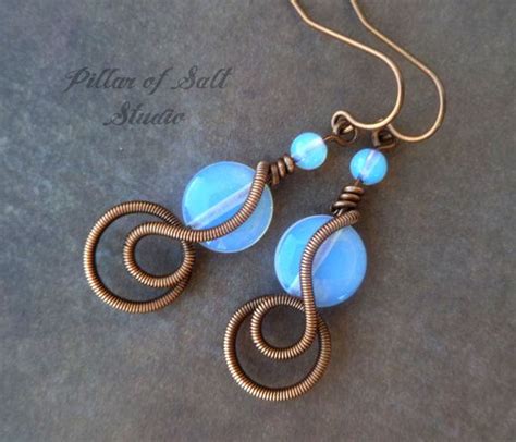 Opalite And Copper Wire Wrapped Earrings Handmade Wire Wrapped
