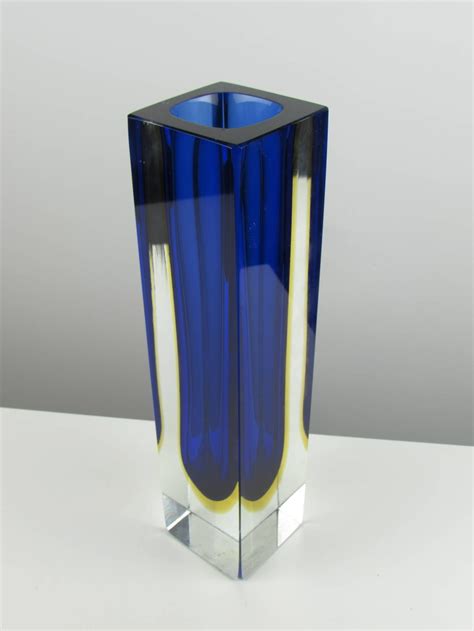 Massive Rectangular Sommerso Murano Vase With Cobalt And Yellow Center
