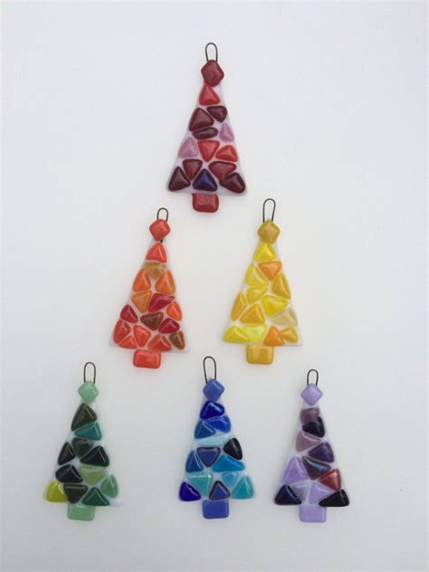 Set Of 6 Rainbow Fused Glass Christmas Tree Decorations Etsy Glass