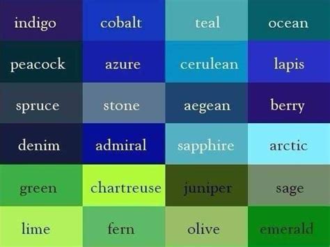 Names Of Colors In English Shades Of Green And Blue Color Theory