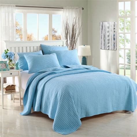 Chausub Blue Coverlet Solid Color Quilt Set Pc Washed Cotton Quilts Embroidered Bedspread Bed