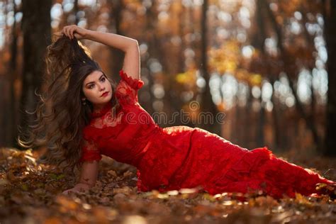 Woman In Red Dress In The Oak Forest Full Body Stock Photo Image Of