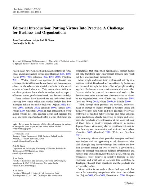 Pdf Editorial Introduction Putting Virtues Into Practice A