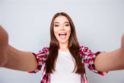 Selfie And Funky Mood Attractive Young Amazed Brunette Lady Is Stock