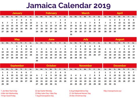 Image For Jamaica 2019 Calendar Holiday Calendar Printable Holiday