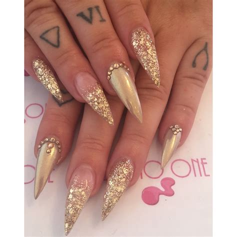 Gold Gems Chrome Chunky Glitter Stiletto Nails Tattoo Glam Sparkle