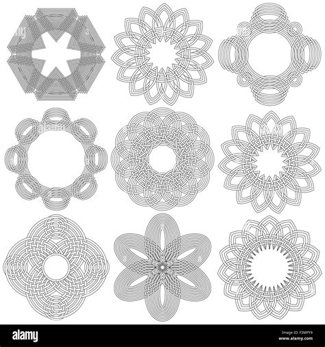 Set Of Nine Abstract Vector Ornamental Black Circular Stencils On A