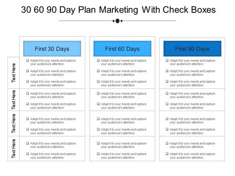 This business plan for a manufacturing company includes market analysis, strategy, and more. 30 60 90 Day Plan Marketing With Check Boxes Example Of Ppt | PowerPoint Templates Designs | PPT ...