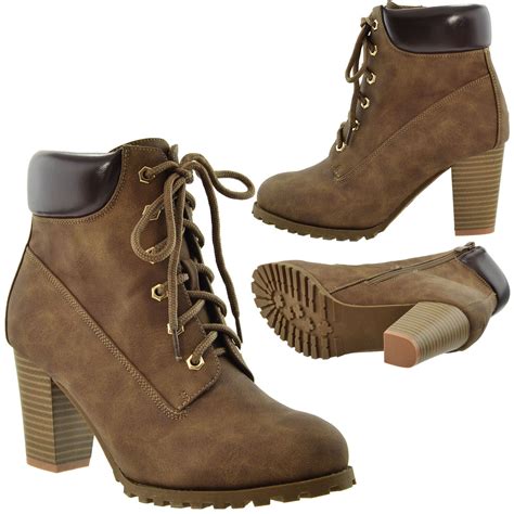 Womens Ankle Boots Lace Up Booties Chunky Stacked High Heel Rugged Padded Shoes Ebay