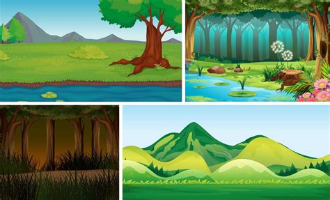 Cuatro Escenas De La Naturaleza Diferente Del Estilo De Dibujos