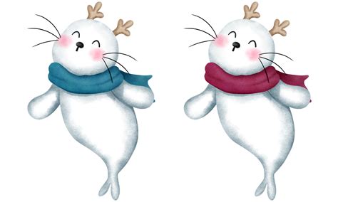 Set of adorable baby seals wearing a colorful scarf and antlers
