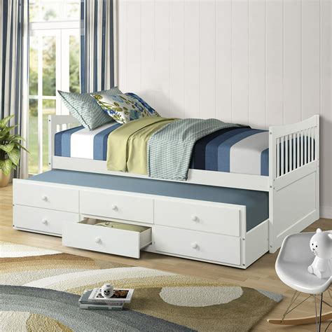 White Twin Bed Frame With Drawers Kids Captains Bed With Trundle Bed