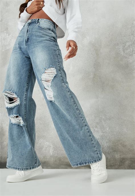 Blue Ripped Wide Leg Jeans Missguided