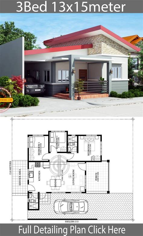 Home Design Plan 13x15m With 3 Bedrooms House Plans 3d
