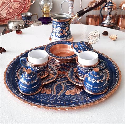 Turkish Arabic Coffee Set Copper Coffee Cup Set Blue Copper Etsy