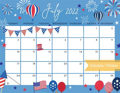 July 2022 Calendar Independence Day Patriotic 4th Of July Us Etsy