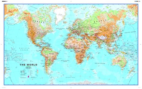 Large World Wall Map Physical Without Flags