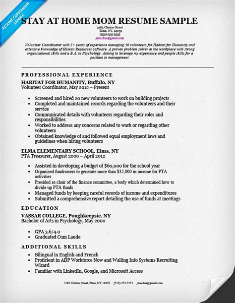 Stay At Home Mom Resume Sample And Writing Tips Resume Companion