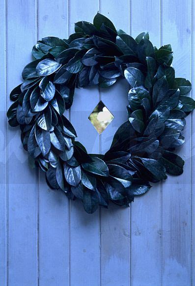 Image Close Up Of Home Made Laurel Wreath On Blue Door Ewa Stock
