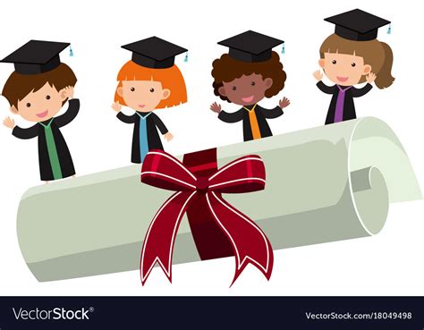 Kids With Graduation Gown And Roll Diploma Vector Image