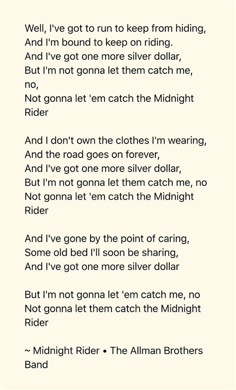 Silveria lyrics powered by www.musixmatch.com. Midnight Rider • The Allman Brothers Band (With images ...