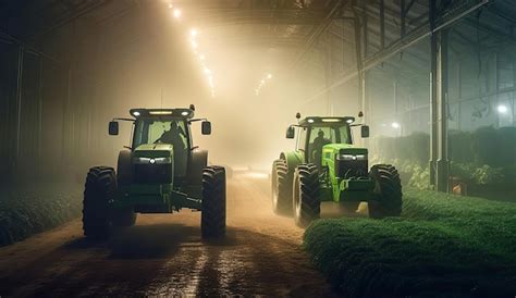 Premium Photo Two Green Tractors Driving In An Agricultural Indoor