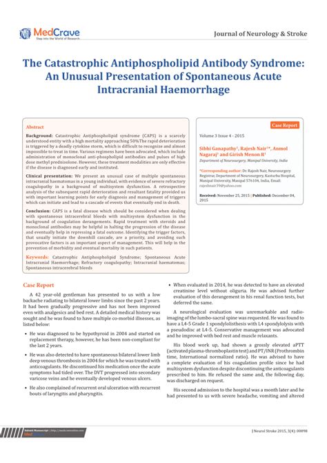 Pdf The Catastrophic Antiphospholipid Antibody Syndrome An Unusual Presentation Of