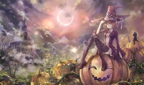 Wallpaper Cat Blonde Anime Girls Hat Halloween Pumpkin Clouds