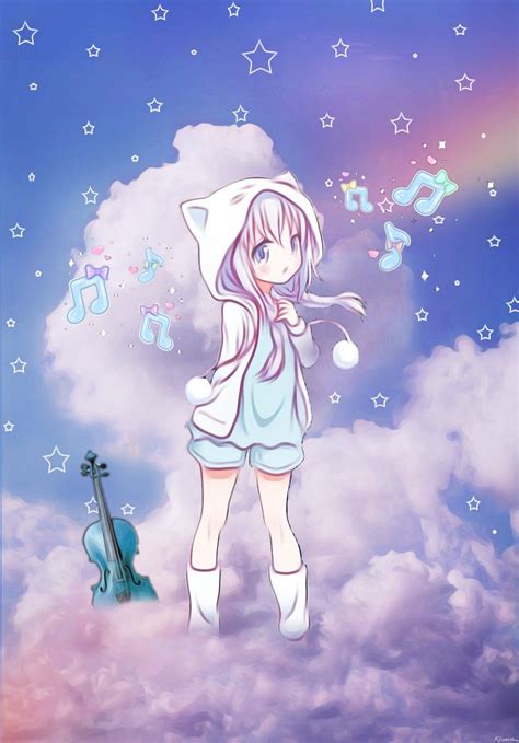 Anime Manga Kawaii Cute Girl Music Violin Blue Clou