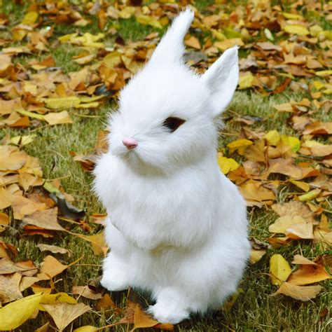 Lifelike Realistic White Sitting Rabbit Decor Figurine Bunny Fur Furry