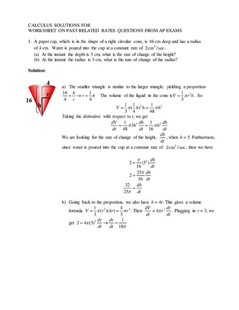Related Rates Problem Worksheet Solutions Calculus Solutions For