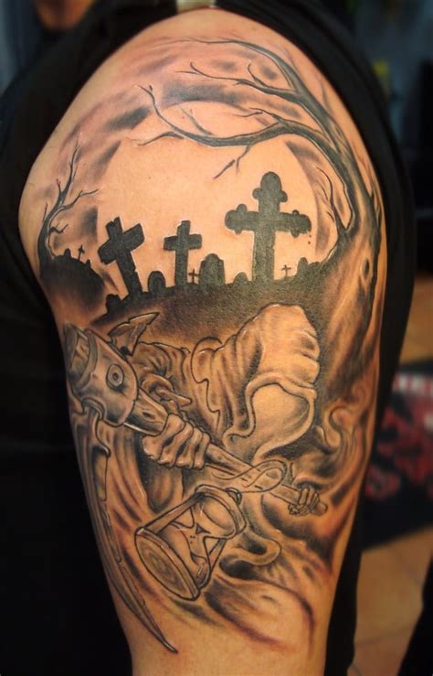 Grim Reaper Graveyard Tattoo On Half Sleeve Tattoos Book 65000
