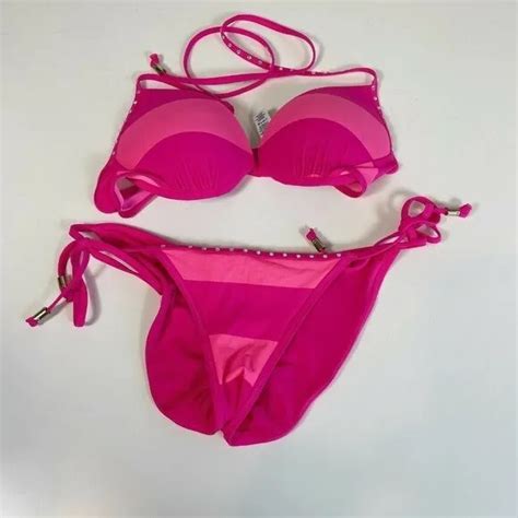 Victorias Secret Swim Pink Bikini Padded Top Ruched Bottom Size Xs Neon Pink Y2k 2975 Picclick