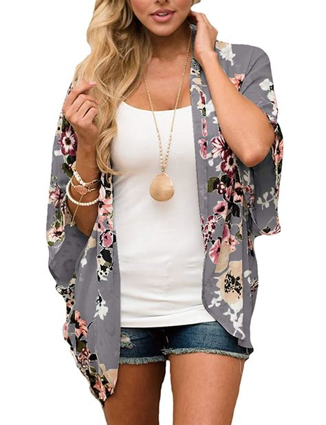 Women Floral Kimono Cardigans Chiffon Casual Loose Open Front Cover Up