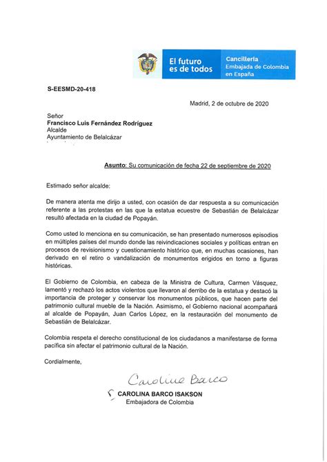 Carta De La Embajadora De Colombia A Francisco Luis FernÁndez RodrÍguez Alcalde De BelalcÁzar