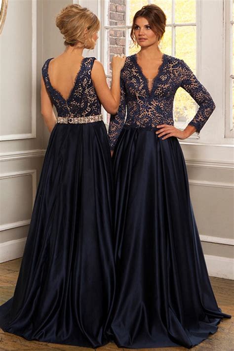 Navy Blue Long Party Mather Online Gowns Long Sleeve Appliques Lace Deep V Neck Satin Mother Of