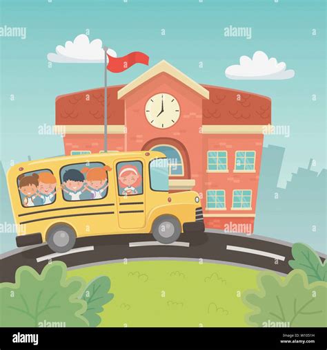 School Building And Bus With Kids In The Landscape Scene Vector