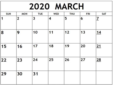 Monthly March Calendar 2020 Print Out Sheets Set Your