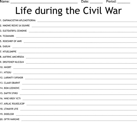 Life During The Civil War Word Scramble Wordmint