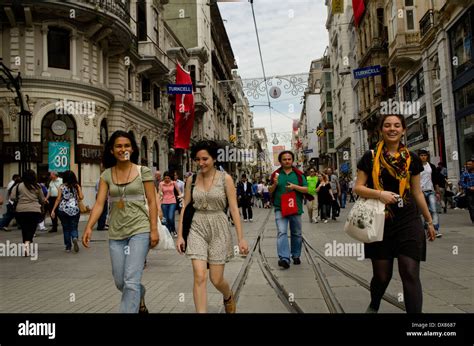 Young Turkish Women Shopping Along Istiklal Street Istanbul Turkey