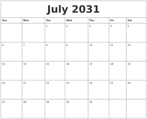 July 2031 Calendar Print Out