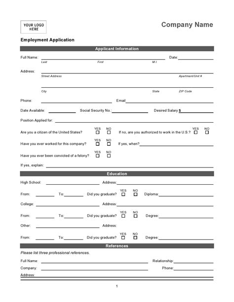Employment Application Form Template Word