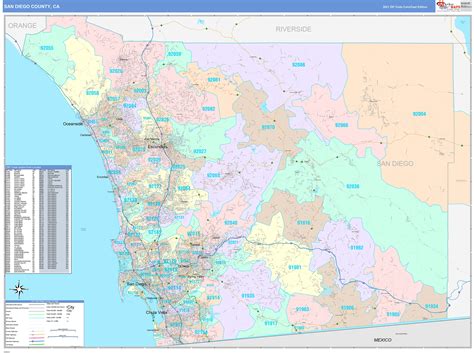 San Diego County Ca Wall Map Color Cast Style By Marketmaps