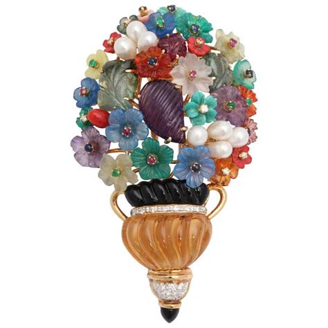 1980s Multi Gemstone Gold Tutti Frutti Flower Basket In A Vase Brooch