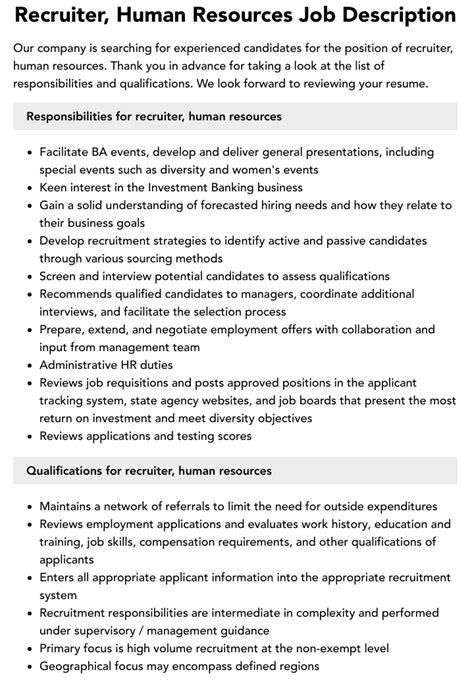 Recruiter Human Resources Job Description Velvet Jobs