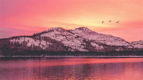 Download Wallpaper 1366x768 Mountains Lake Sunset Horizon Birds