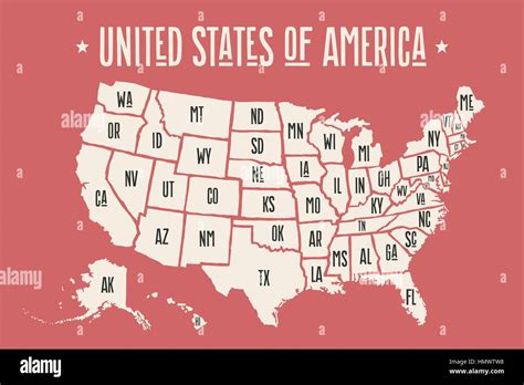 Poster Map United States Of America With State Names Stock Vector Image
