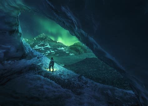 Men Canada Cave Ice Nature Athabasca Winter Night Blue Green Landscape Wallpapers Hd