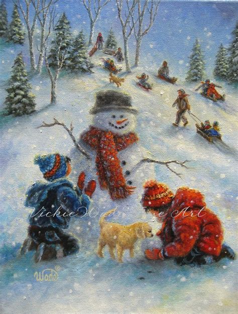 Children Playing In Snow Art Print Snowman Paintings Boy Etsy