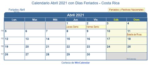 Esas son las fechas en que cae el feriado, por el tema de traslado de feriados. Calendario Abril 2021 para imprimir - Costa Rica